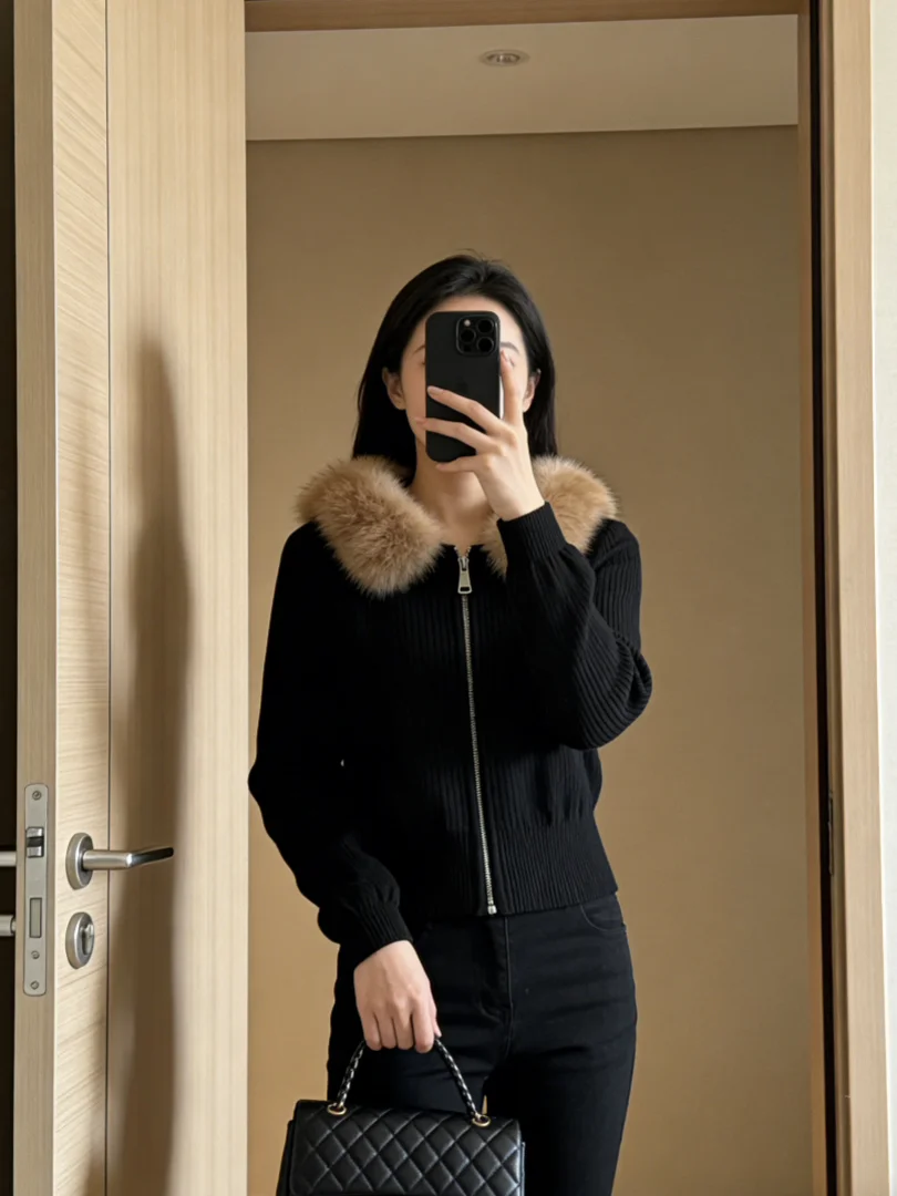 

Ele Chic Bla Hoodie with Fur Collar Korean Sle Winter Faion Inner Wear Unique Beautiful Ladies' Loose Fit Sweatirt