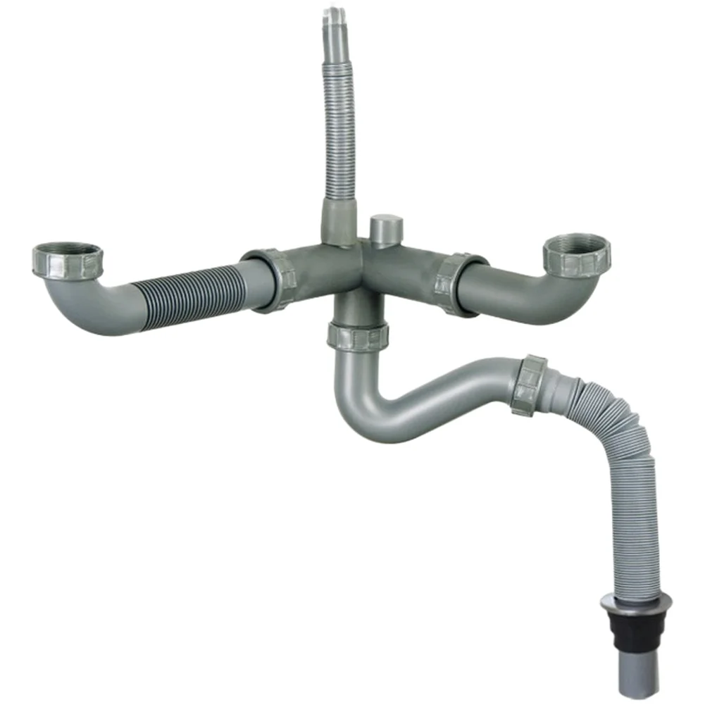 For v-Shaped Trap Drain Pipe for Double Bowl Sink Adjustable Telescopic 470mm 990mm Rear Mount Dual Basin PP PFor Rubber Set