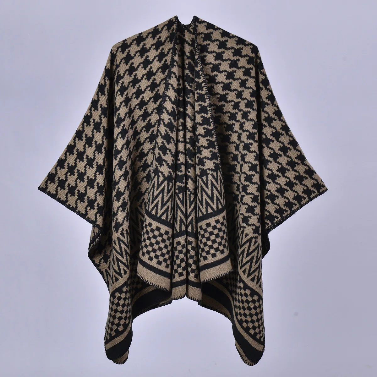 

6 Women Air Conditioning Blanket Printed Houndstooth Big Pendulum Poncho Shawl Capes Split Long Autumn Thick Jacquard Cloak