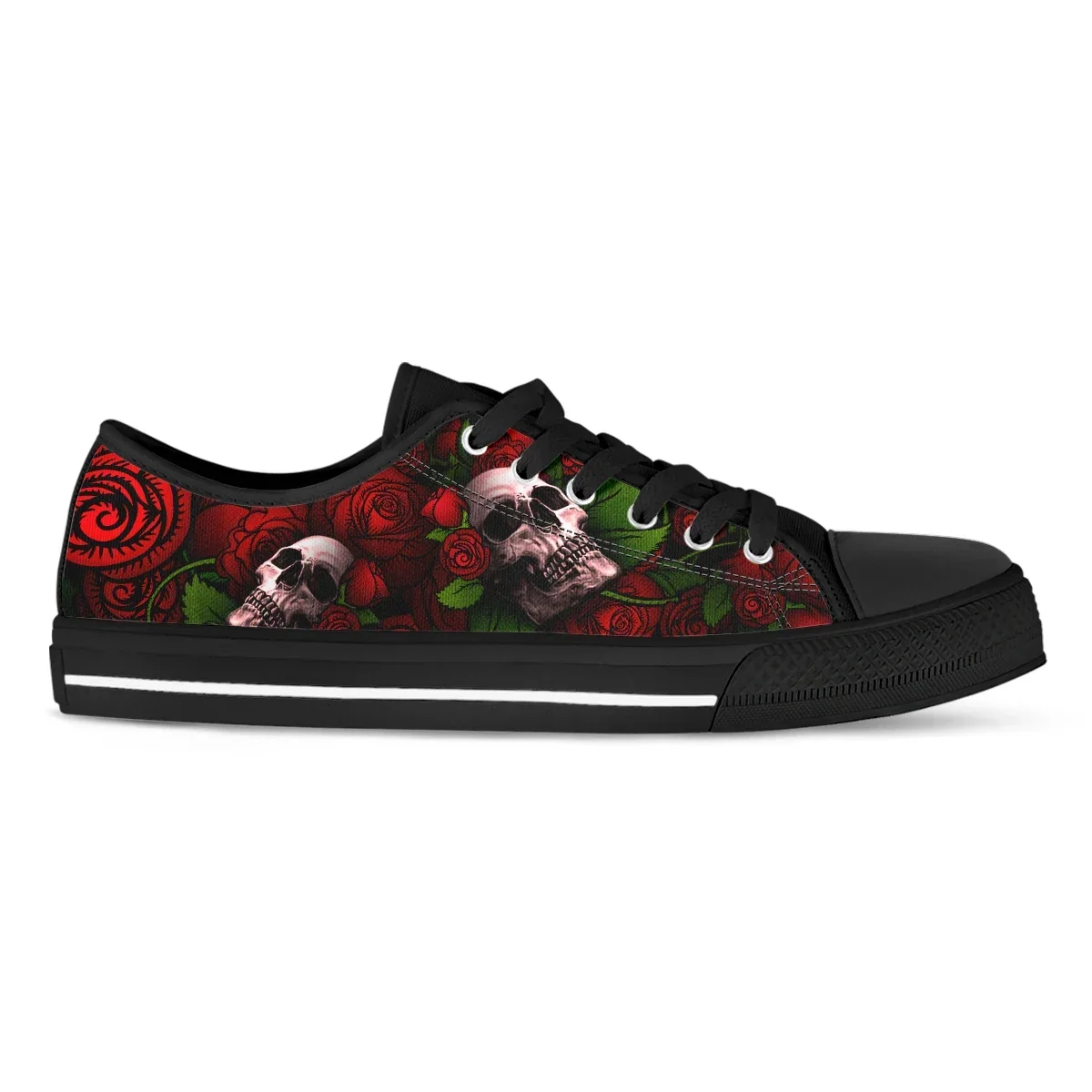 Women's Red Rose Skull Print Flat Shoes Summer Low Tops Canvas Shoes Women Comfort Casual Flats Shoes Lace Up Sneakers