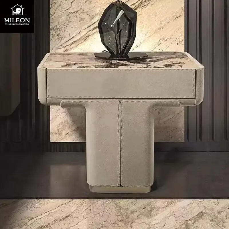 Italian Sculpture Design Nightstand Black Marble Top Full Suede Leather Wrapped Bedside Table Bedroom Storage Cabinet