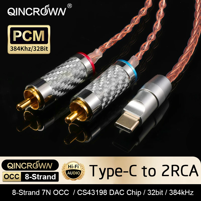 QINCROWN Type-C to 2RCA HiFi DAC Cable, CS43198 8-Strand 7N OCC Audio Cord for Phone Amplifier Laptop Stereo Speaker