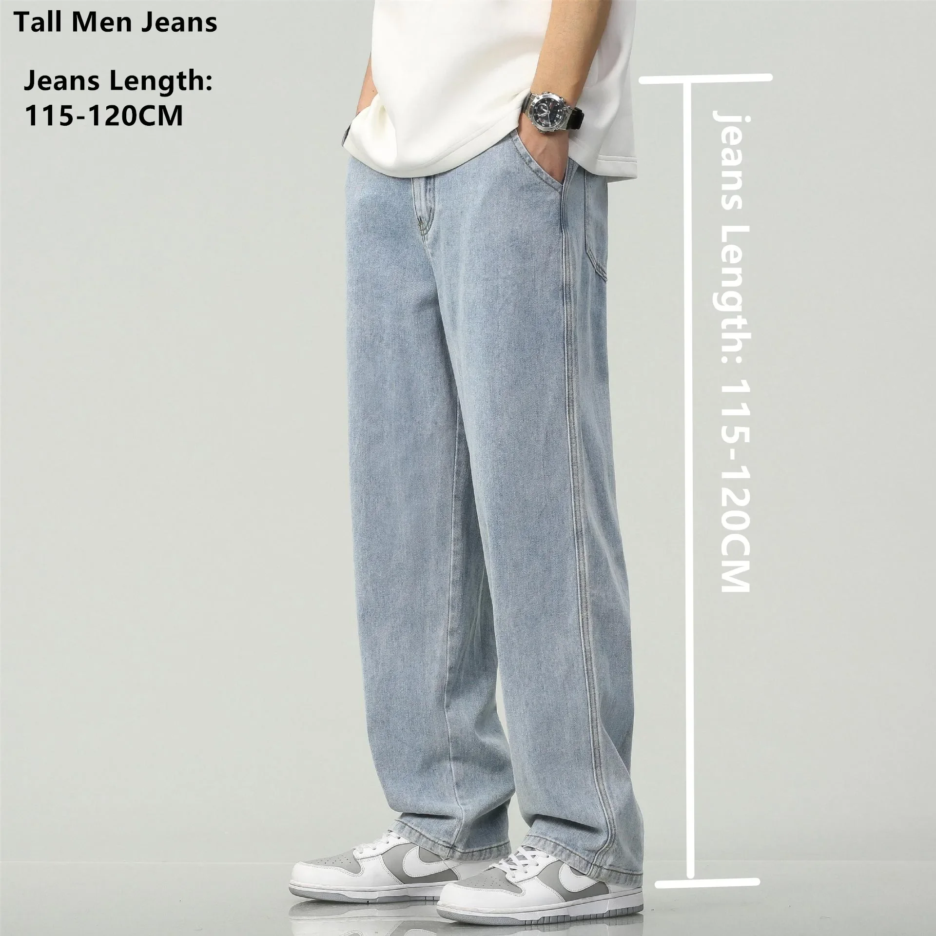 십대 소년 와이드 레그 청바지, 엑스트라 롱 오버롱 데님 바지, 블루 탄성 허리 190cm 남성 바지, 115cm, 120cm