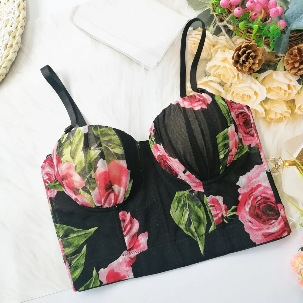 Cottagecore Stye Push Up Bra Mesh Tube Top Corset Crop Tops Summer Clothes for Women Flower Print See Through Lingerie 3/4 Cup