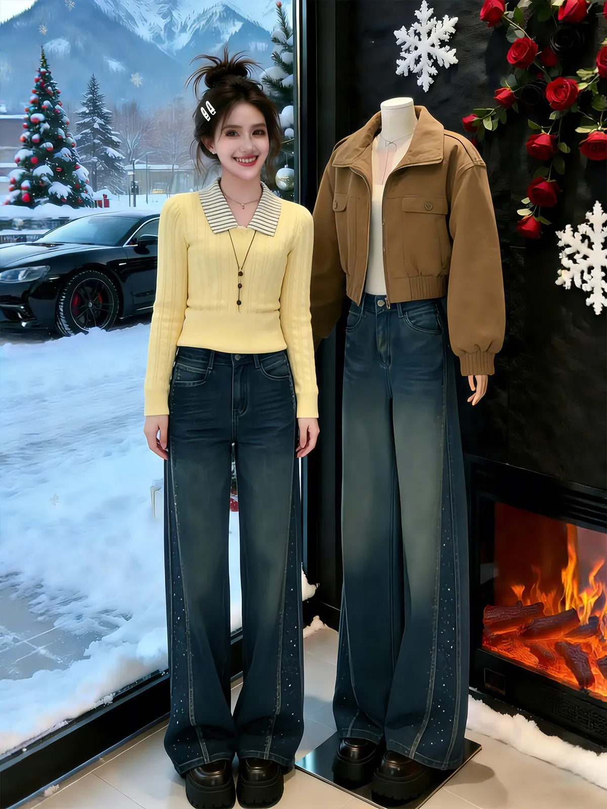 

Синие джинсы прямого кроя на флисовой подкладке для женщин, зимние, с высокой талией, облегающие, струящиеся, широкие брюки, повседневный стиль, с декором из страз