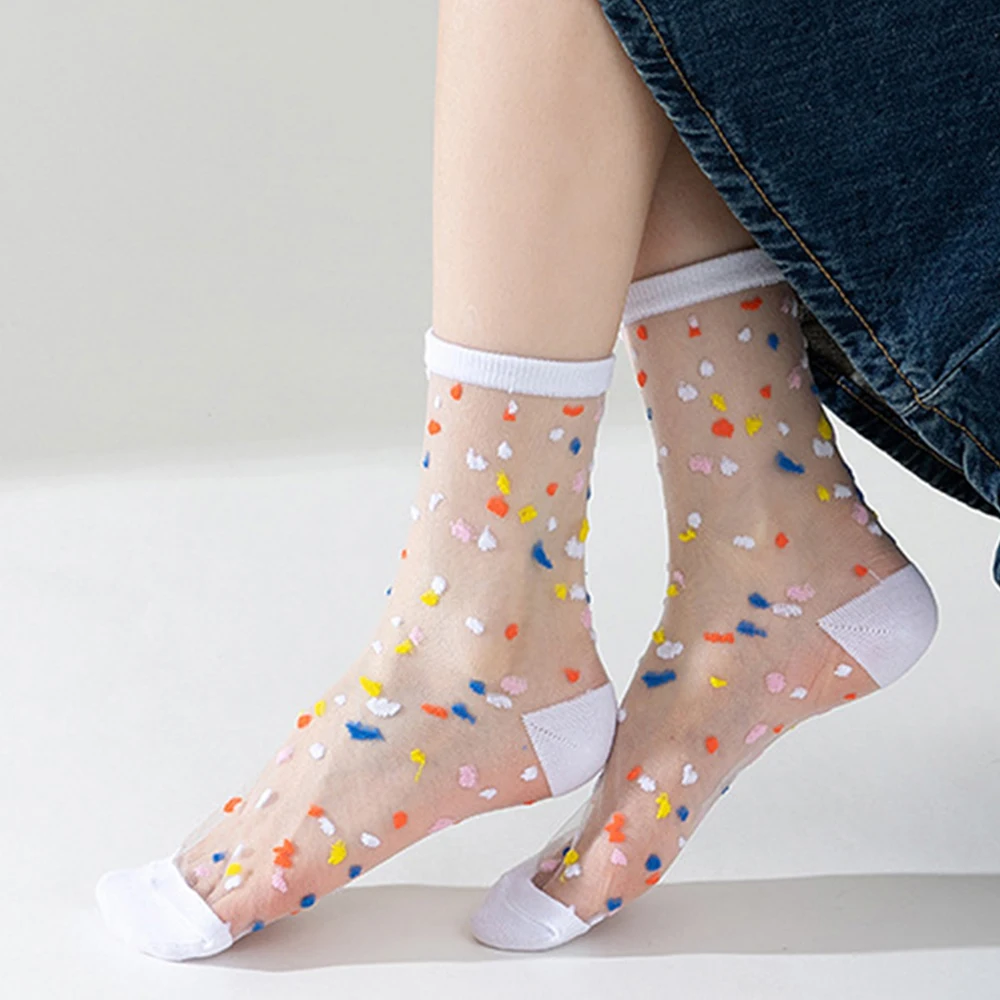 6 Pairs/Lot Women\'s Transparent Glass Silk Stockings Socks Retro Polka-Dot Spring and Summer Thin Silk Japanese Crew Socks