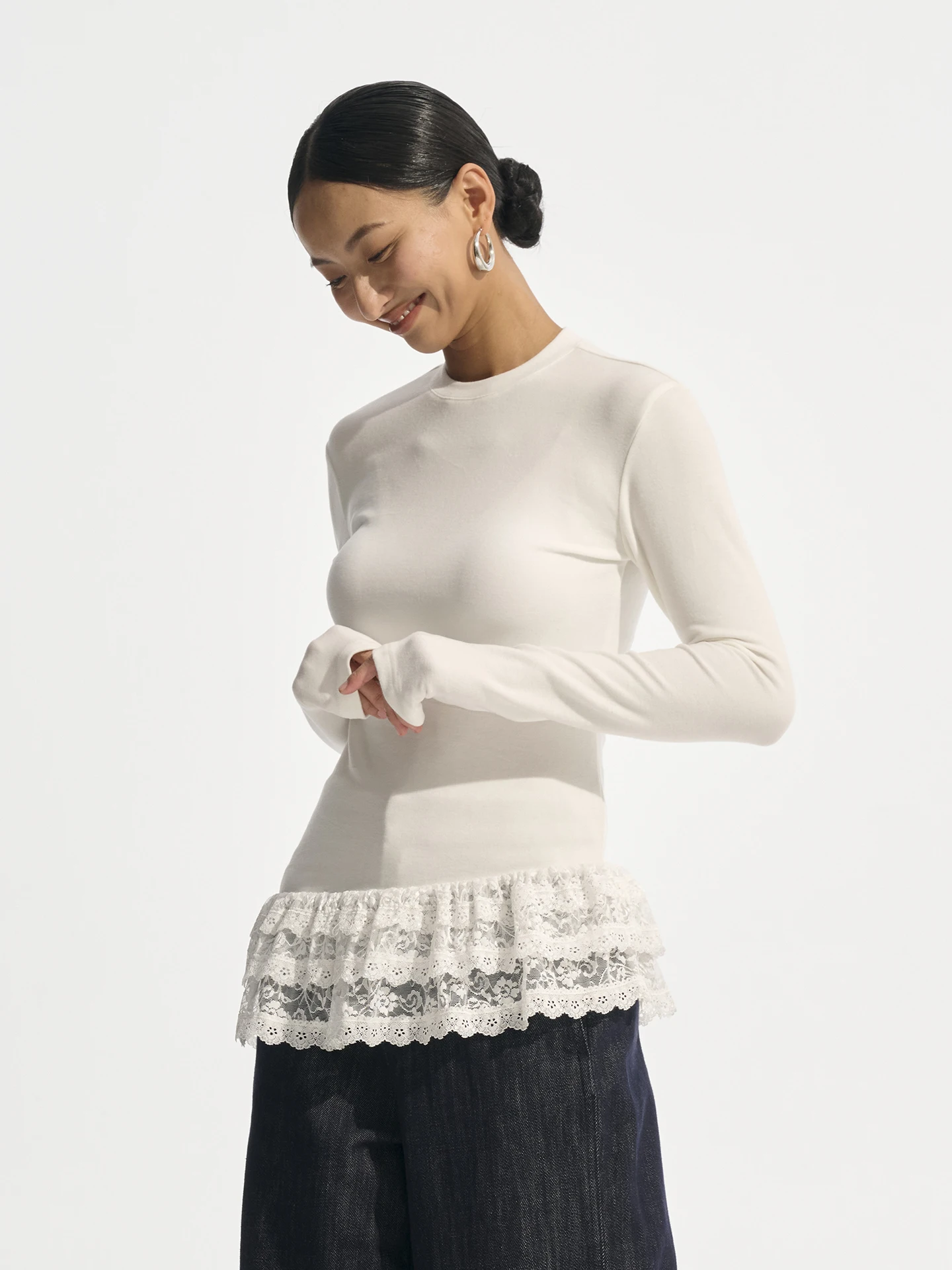 

Decemarch Autumn Winter Ballet Girl Base irt T-irt Warm Leather Lace Patchwork Fce Tight Fit Elastic Spor Casual Sle