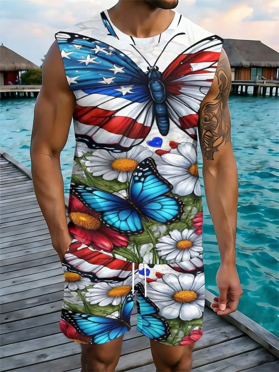 Moda Casual 2026: Novo Conjunto Masculino de Regata e Shorts de Praia Estilo Europeu e Americano para Primavera, Verão e Outono - Dia da Independência
