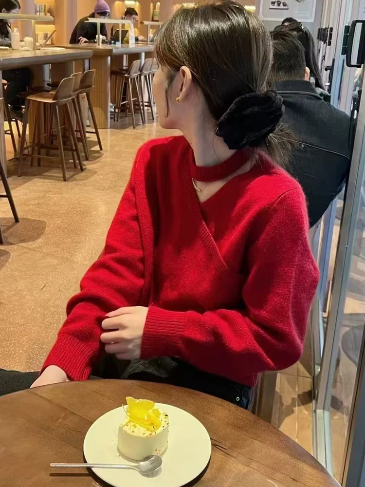 

Корейский повседневный красный свитер Camere, женский свободный осенне-зимний вязаный шерстяной свитер с высокой чувствительностью