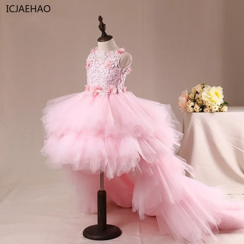 

2025 Kids Dresses for Girls Fancy Flower with Train Children Show Performance Costume Long Mermaid Tulle Pink Gowns Boutique