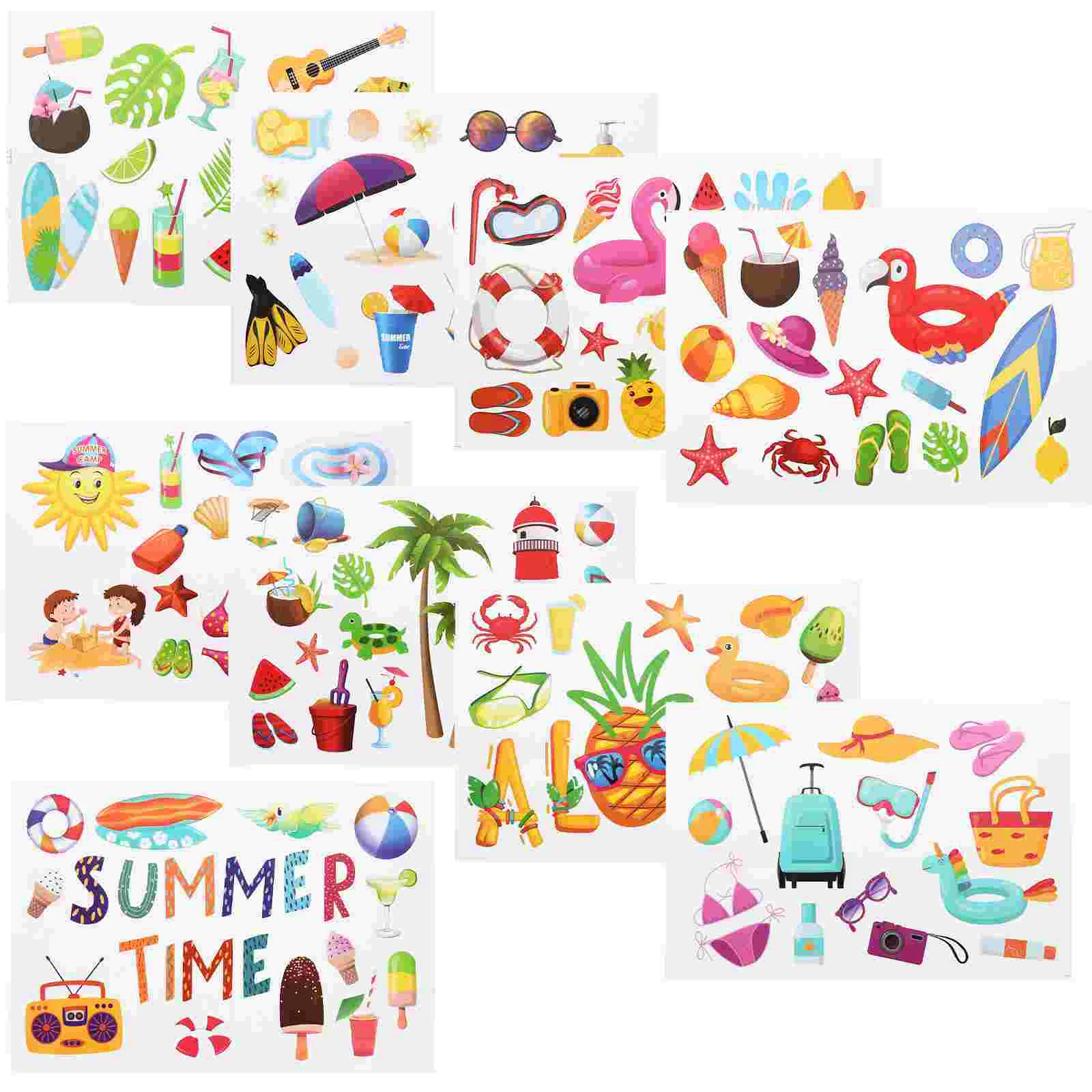 9 Sheets Hawaiian Day Stickers Beach Window Cling Clings Holiday Shades for Car Glass Pvc Static Cartoon Child Ocean Decor