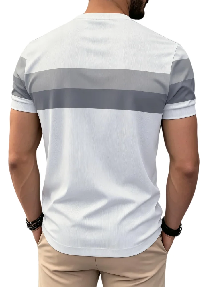 Men White Base Grey Stripe Graphic Tee Breathable Casual Crew Neck Shirt