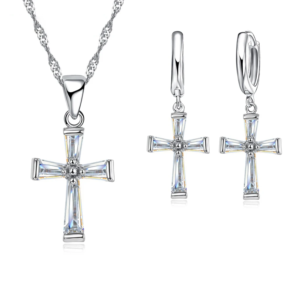 S925 Sterling Silber Farbe Schmuck Set trend ige Kreuz Zirkon Zirkon Halskette Ohrringe Kette Anhänger für Frauen schönes Geschenk