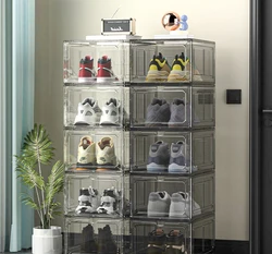 Simple plastic flip type combination shoe cabinet, householddormitorymagnetic suction hand-held storagebox, transparent shoe box