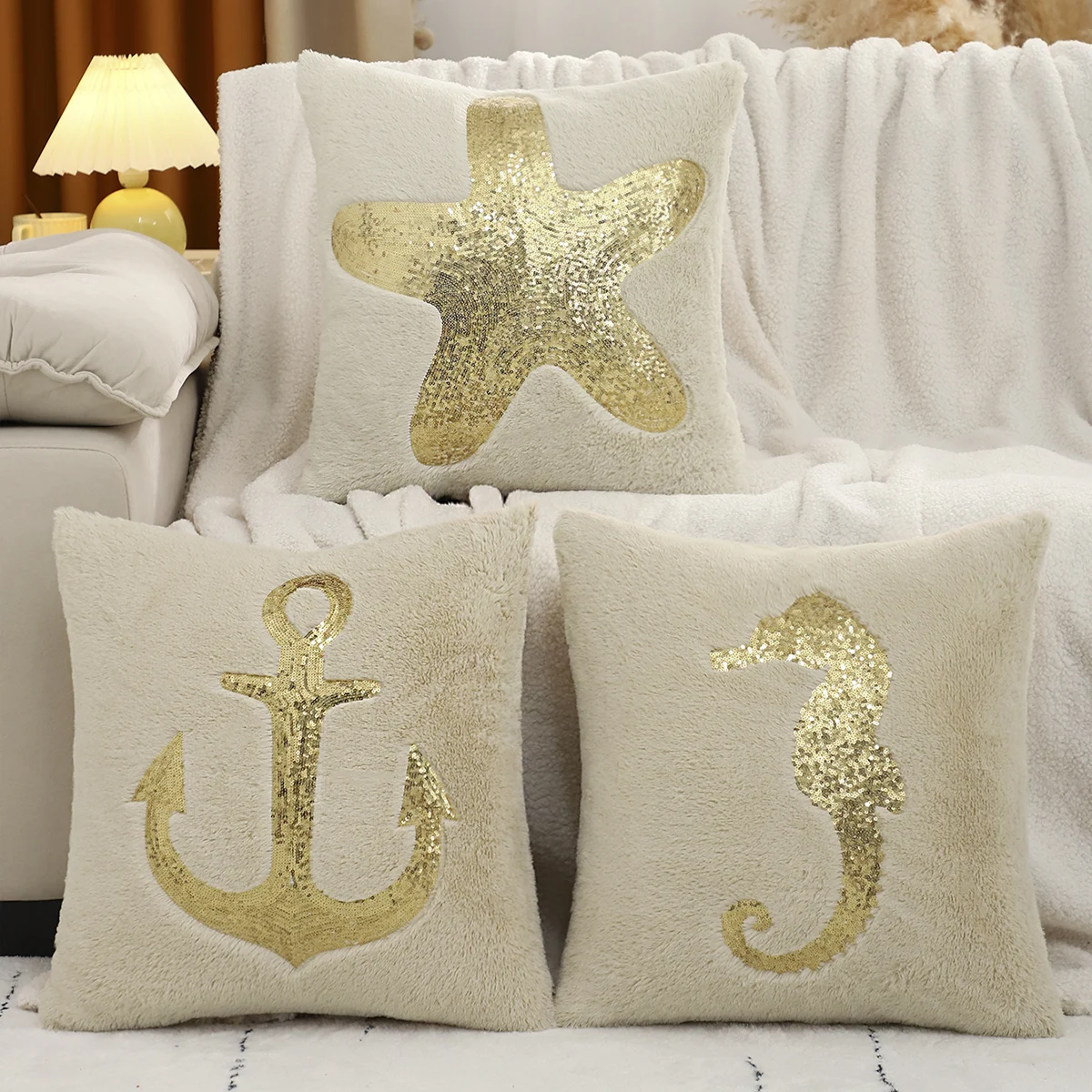 1PC Sommer Dekoration Kissenbezug Seestern Pailletten Stickerei Plüsch Wohnzimmer Sofa Dekoration