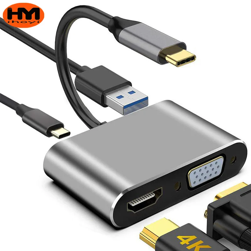 Typec HDMI 4K HD Vga High-Definition 4 in 1 Hub Suitable for iphone Huawei Mobile Computer USB Splitter