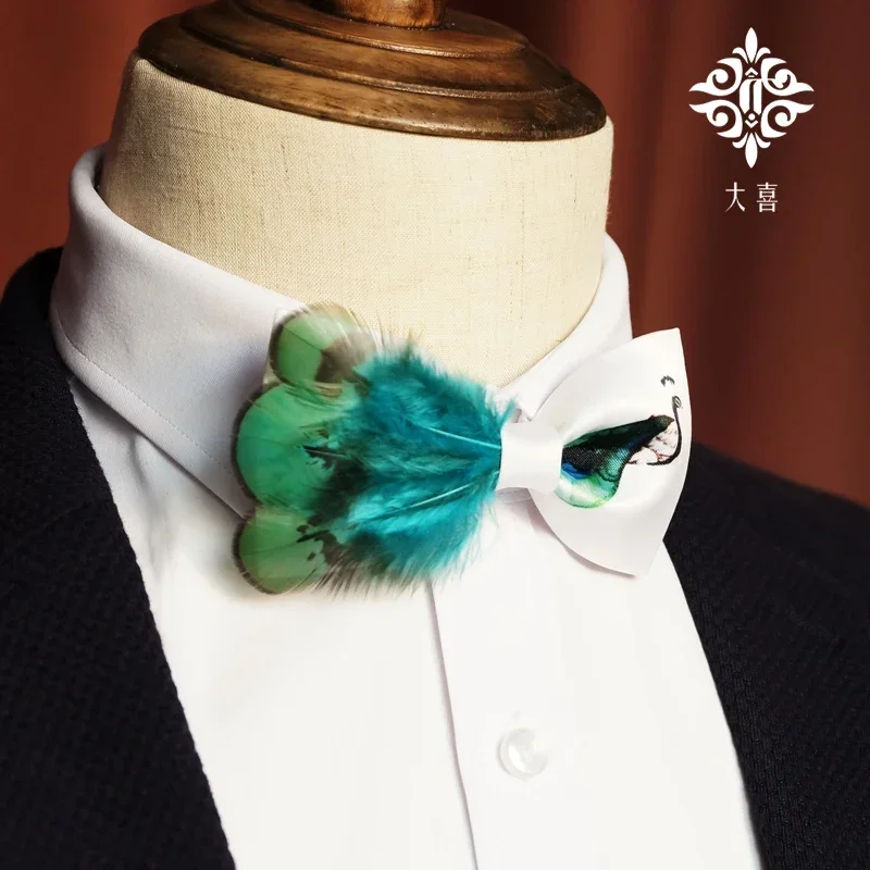 Customized models are non-refundable, blue-green peacock bow tie, best man wedding men's catwalk gift.