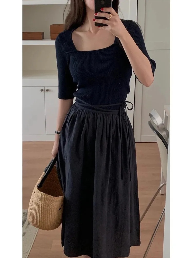 

GD Spring Summer 2026 Square Collar Short Sleeve Knitted Sweater Fashion French Style Slim Fit Casual Wear