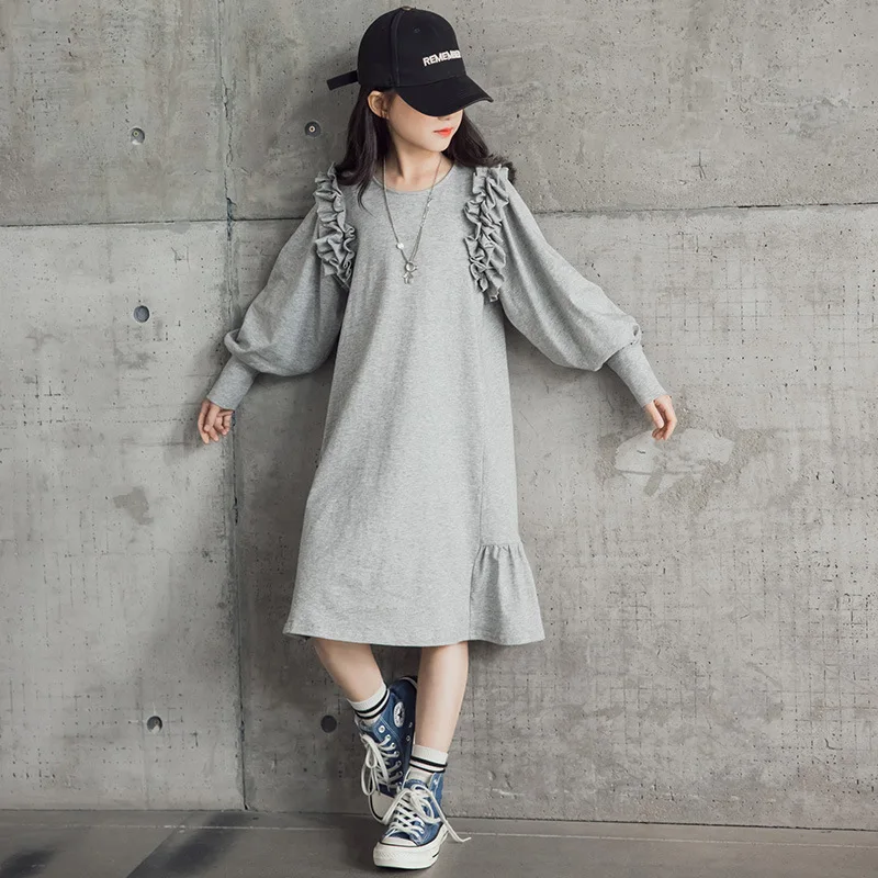 Autumn Long Sleeve Dress for Girls Ruffle Design Teenage 12 13 14 Years Kids Casual Dress Black Grey School Children Clothes