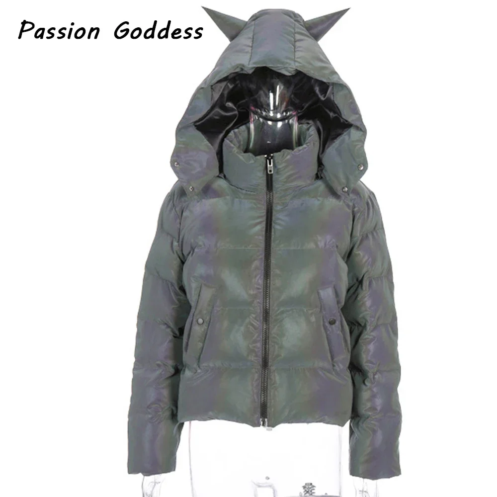 Women Reflective Hooded Parkas Down Bubble Coat Puffle Jackets Cool Bling Luminous Cute Hooded Down Jacket Thick Warm Outcoats