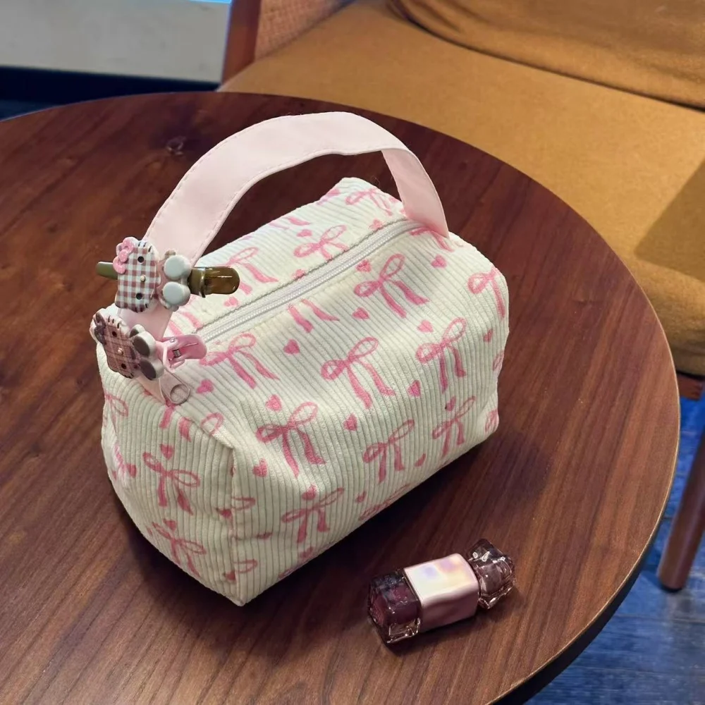 1 PC Corduroy Printed Makeup Bag With Bow Ornament Large Capacity Zipper Portable Organizer Perfect Gift For Friends