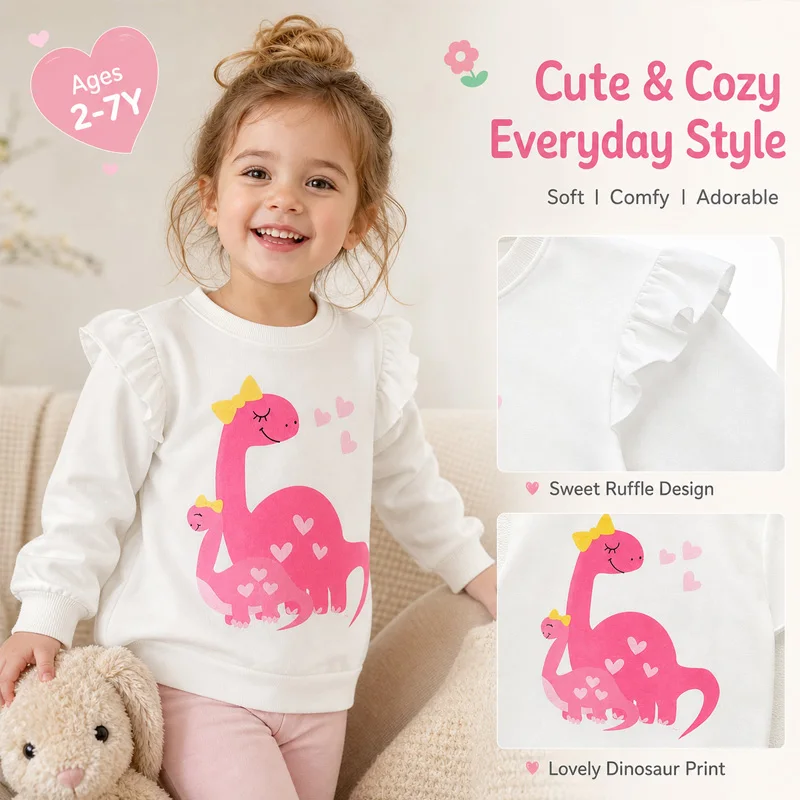 Little Hand Girls Long Sleeve Crew Neck Sweatshirt Kids Ruffle Flutter Sleeve Dinosaur Pullover Tops Cotton Casual Tops for 2-7T