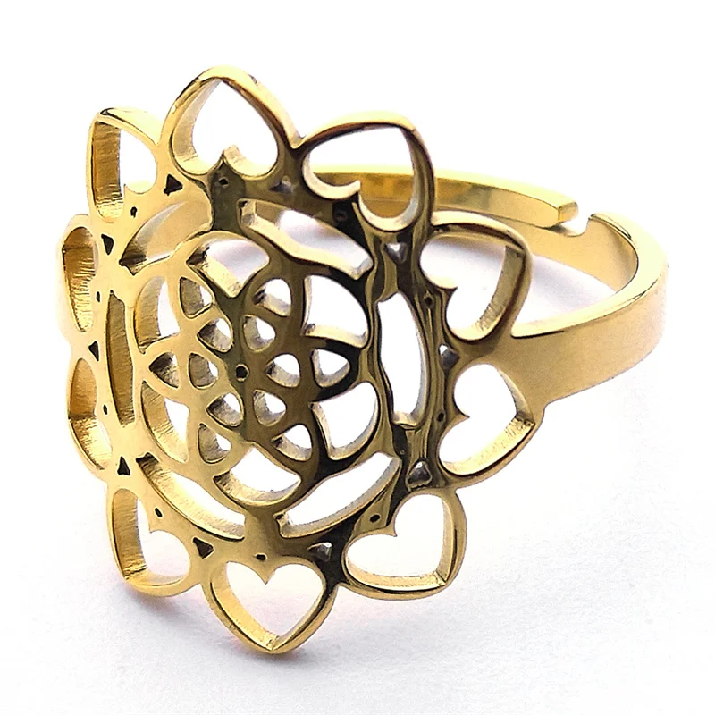 Sacred Geometry Metatron Heart Ring for Women Flower fo Life Stainless Steel Gold Color Finger Rings Reiki Healing Jewelry R4