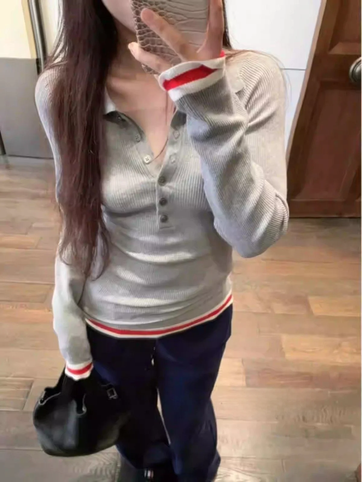 

Корейский вязаный топ с длинным рукавом и цветными блоками, женская весенняя новинка, приталенная модель с воротником на пуговицах, повседневный стиль