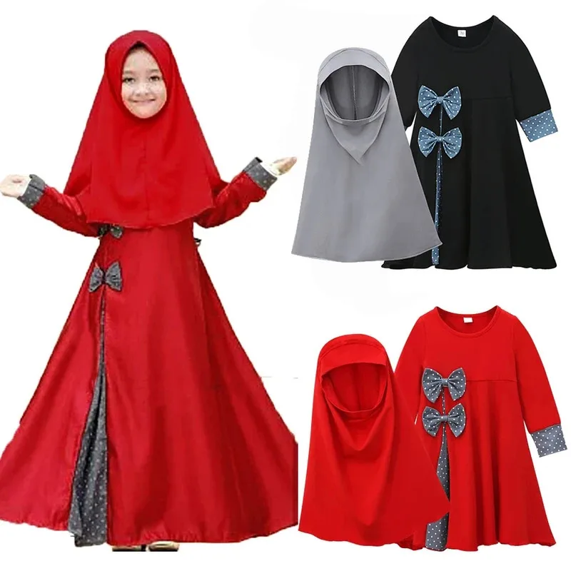 

Red Black 2 Color Girls Prayer Dress for Muslim Baby Children 6M-10Y 2pcs Set Modest Islamic Clothing Front Bows Back Lace-up