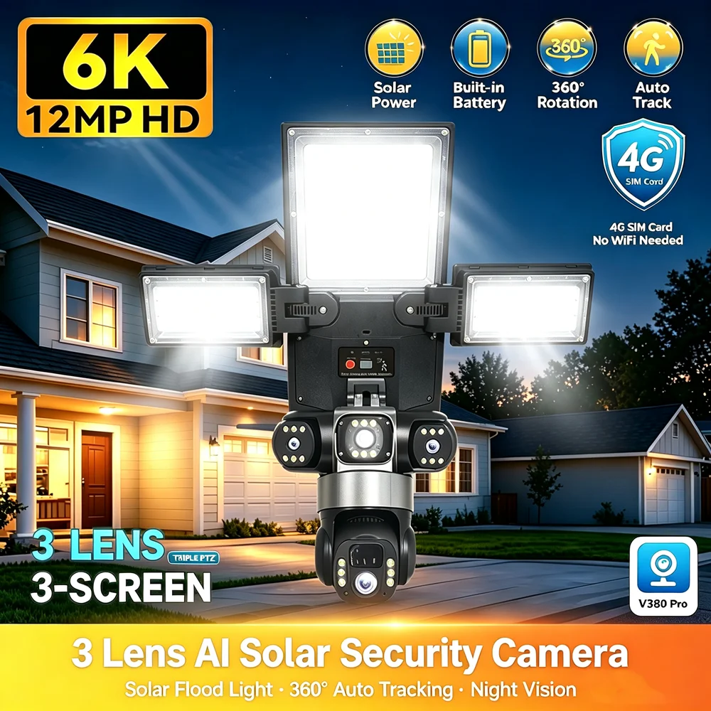 V380 12MP 6K Solar-PTZ-Kamera mit 3 Objektiven, 3 Bildschirmen, KI-Tracking, Solarlicht, 4G, Outdoor, IP66, CCTV, 16000mAh Akku, Sicherheitskamera