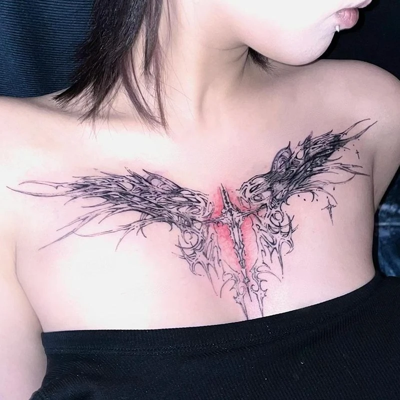 Gothic Wings Cross Temporary Tattoos for Women Chest Back Sexy Art Tattoo Waterproof Fake Tattoo Lasting Tatuajes Temporales
