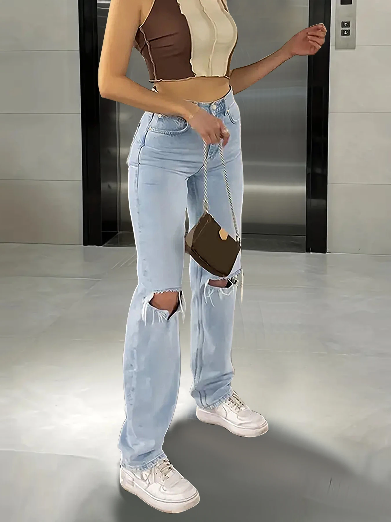 Jeans feminino com piercing no joelho, solto e confortável, jeans casual com micro elásticos retos, todos os fósforos, novo, 2024