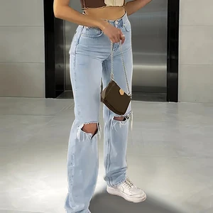 Damenjeans mit Kniestier, locker und komfortable, lässige Jeans mit geraden Mikroelastik, alles Match, neu, 2024 10 Elastan -Hosen für Frauen der Frauen - №5