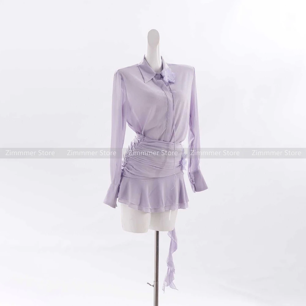 New autumn French high-end temperament lady shirt with neck flower + pleated ruffle design skirt suit