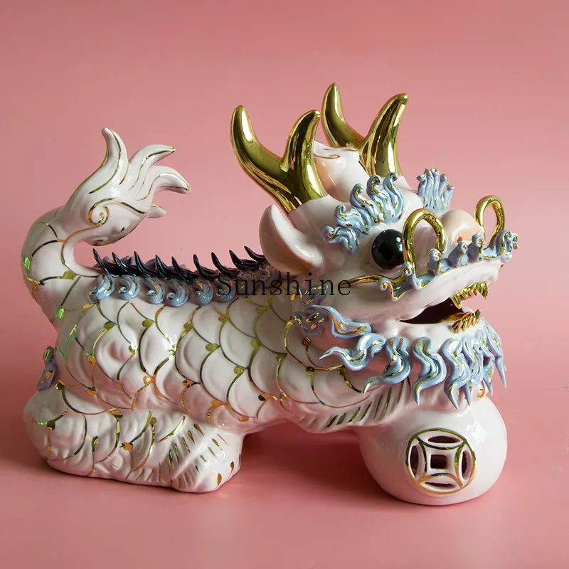 New Chinese hand-painted pink ceramic unicorn pair of lucky ornaments