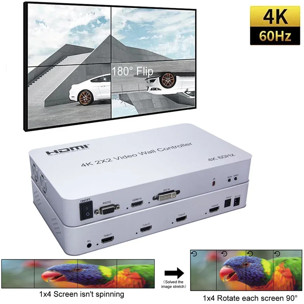 4K 60hz 4 Unit 2x2 DVI HDMI Video Wall Controller 1X2 1X3 1x4 Vertical Screen Display TV Wall Processor  90° 180° Rotate RS232