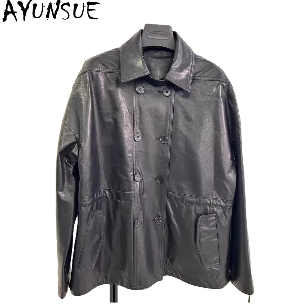 AYUNSUE Chaqueta de Cuero 100% Auténtico para Mujer, Ropa de Otoño 2026, Abrigo de Piel de Oveja de Alta Gama para Mujer, Negro, Moda, Casaco Feminino