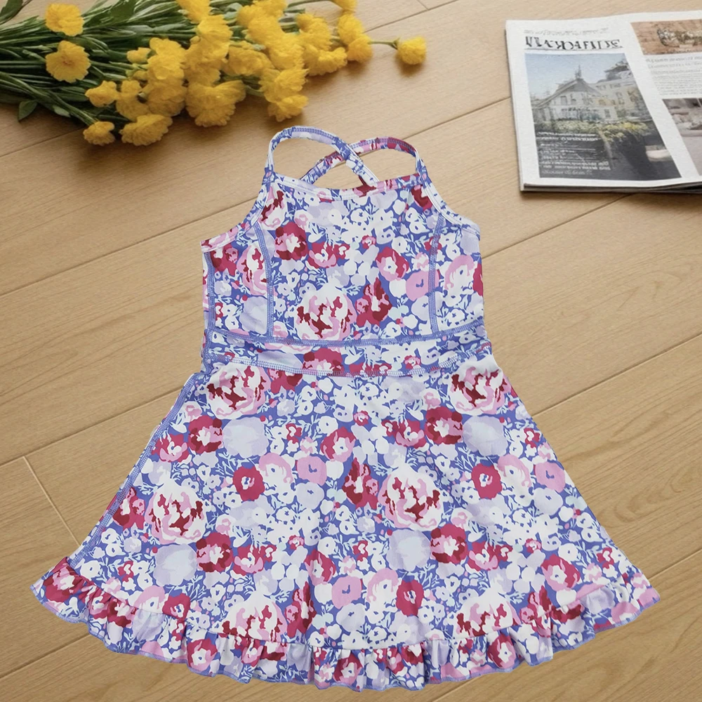 

9.3 Летние платья для маленьких девочек Лавандовые ремешки для маленьких девочек Красочные цветочные платья для йоги с рюшами длиной до колена