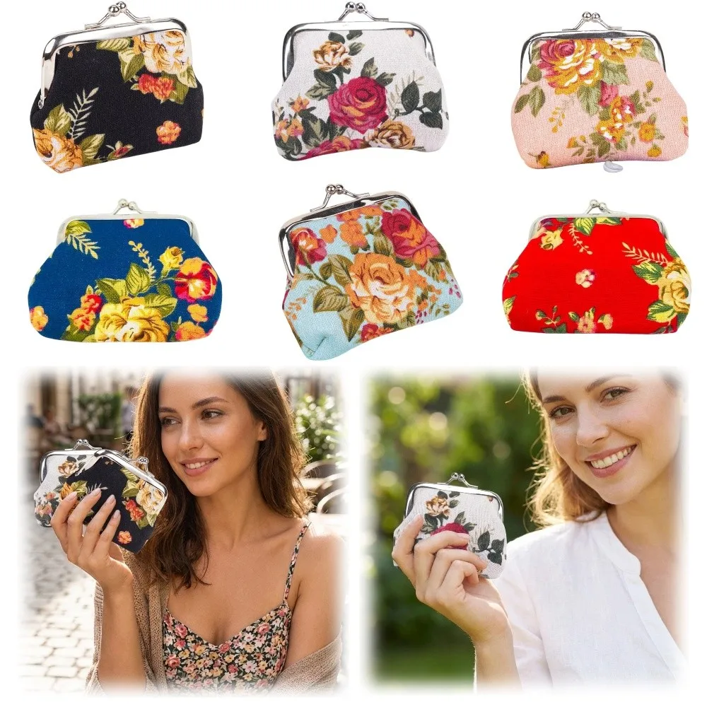 

Элегантный портативный мини-кошелек в ретро-стиле с цветочным узором (розы), компактный кошелек для монет, холщовый кошелек-картхолдер для девочек
