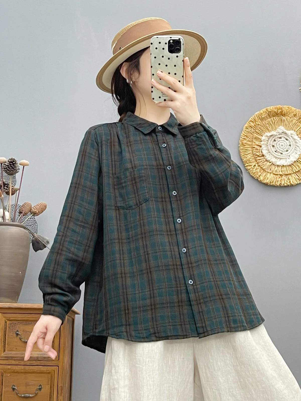Camisa a cuadros Vintage de hilo de algodón para mujer, camisas a cuadros informales suaves y elegantes, tops de manga larga 2026