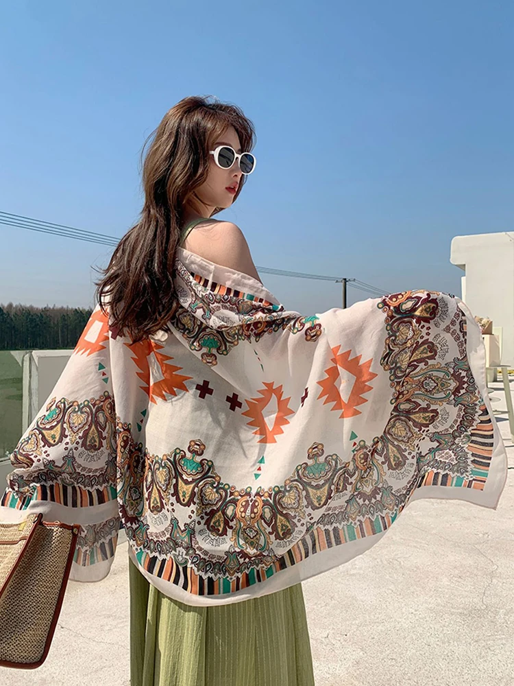 New Summer Elegant Women Silk Scarf Sarong Beach Wrap Shawl Print Sunscreen Bandana Hijab Mujer Bohemian Scarve Pareo Bufandas