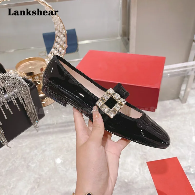 

Diamond Square Buckle Single Shoes Velvet Square Head Diamond Buckle Mary Jane Patent Leather Velvet Ballet Flats Women's Shoes