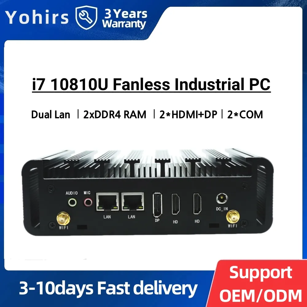 Yohirs core i7 10810u i5 10210u nuc dual lan mini pc rs232 com itx industrieller lüfter loser robuster computer 2 * hd, dp 3*4k win10 linux