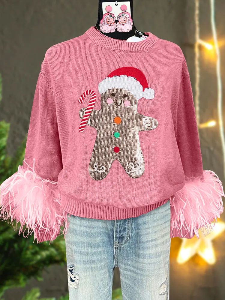 Cute Gingerbread Man Christmas Sequined Sweater