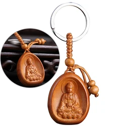 1PC Wood Carving Buddha Pendant Keychain Lucky Jewelry Buckle Unisex Chinese Buddha Keyring For Car Bag Key Holder