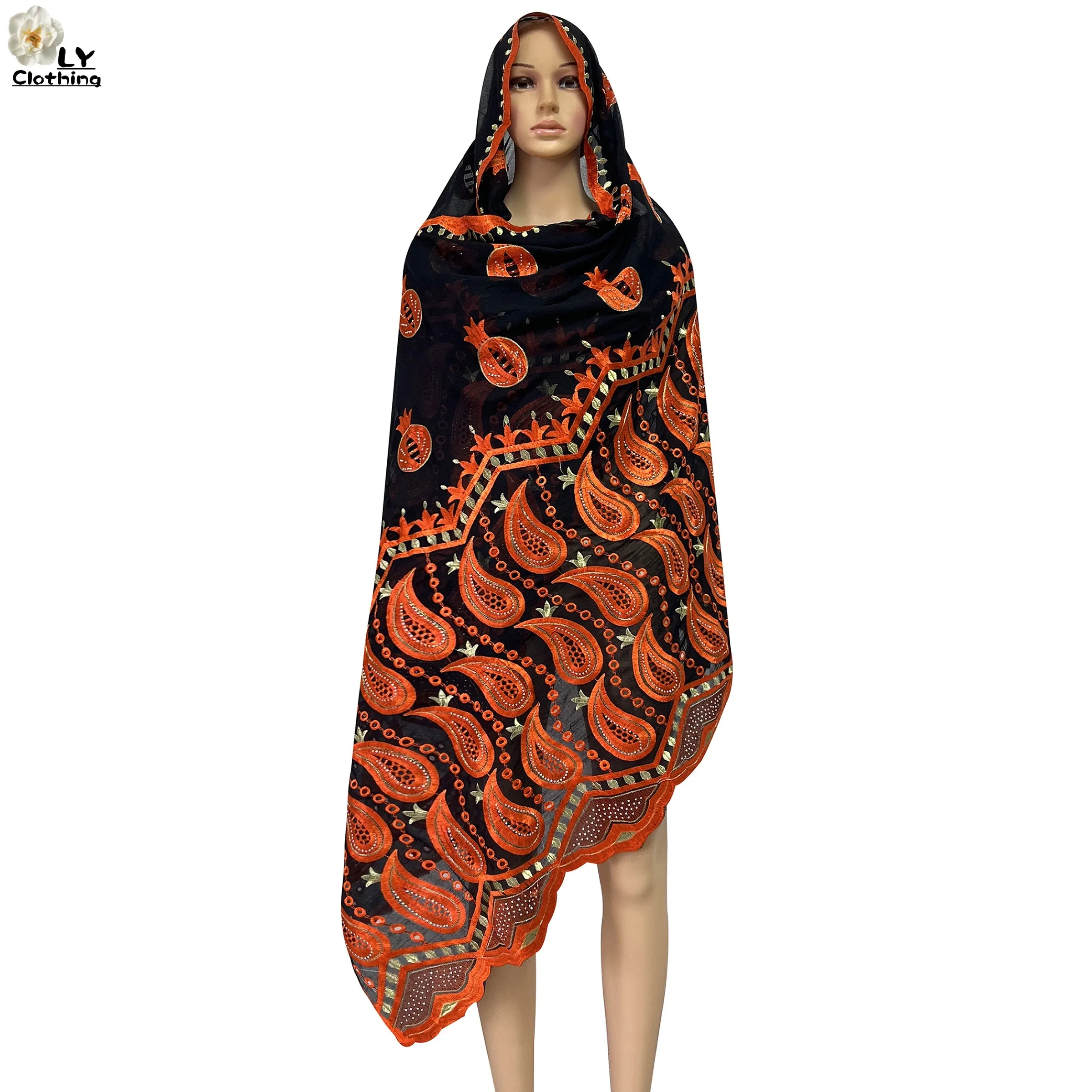 

2023 New African Hot Sales Dubai Women Scarf 100% Cotton Diamonds Embroidery Long Scarf Muslim Traditional Women Headscarf