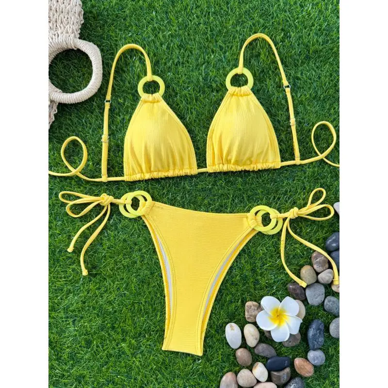 

Новинка 2026: Модные женские треугольные трусики-бикини из нейлона для пляжа, с глубоким V-образным вырезом и ремешками, дизайн Pure Desire, однотонные