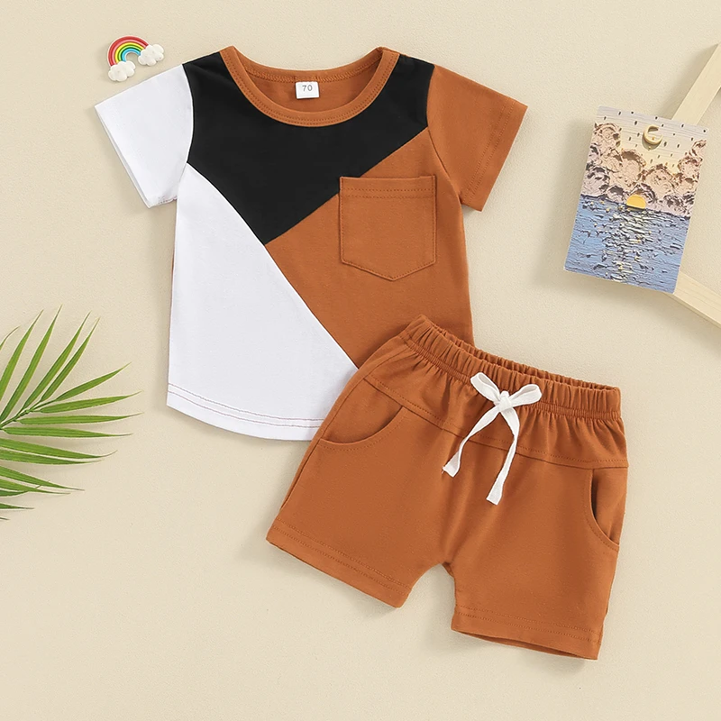 Toddler Baby Boys Summer Outfit Contrast Color Short Sleeve Round Neck T-shirt Elastic Waist Shorts 2Pcs Sweatsuit Tracksuit