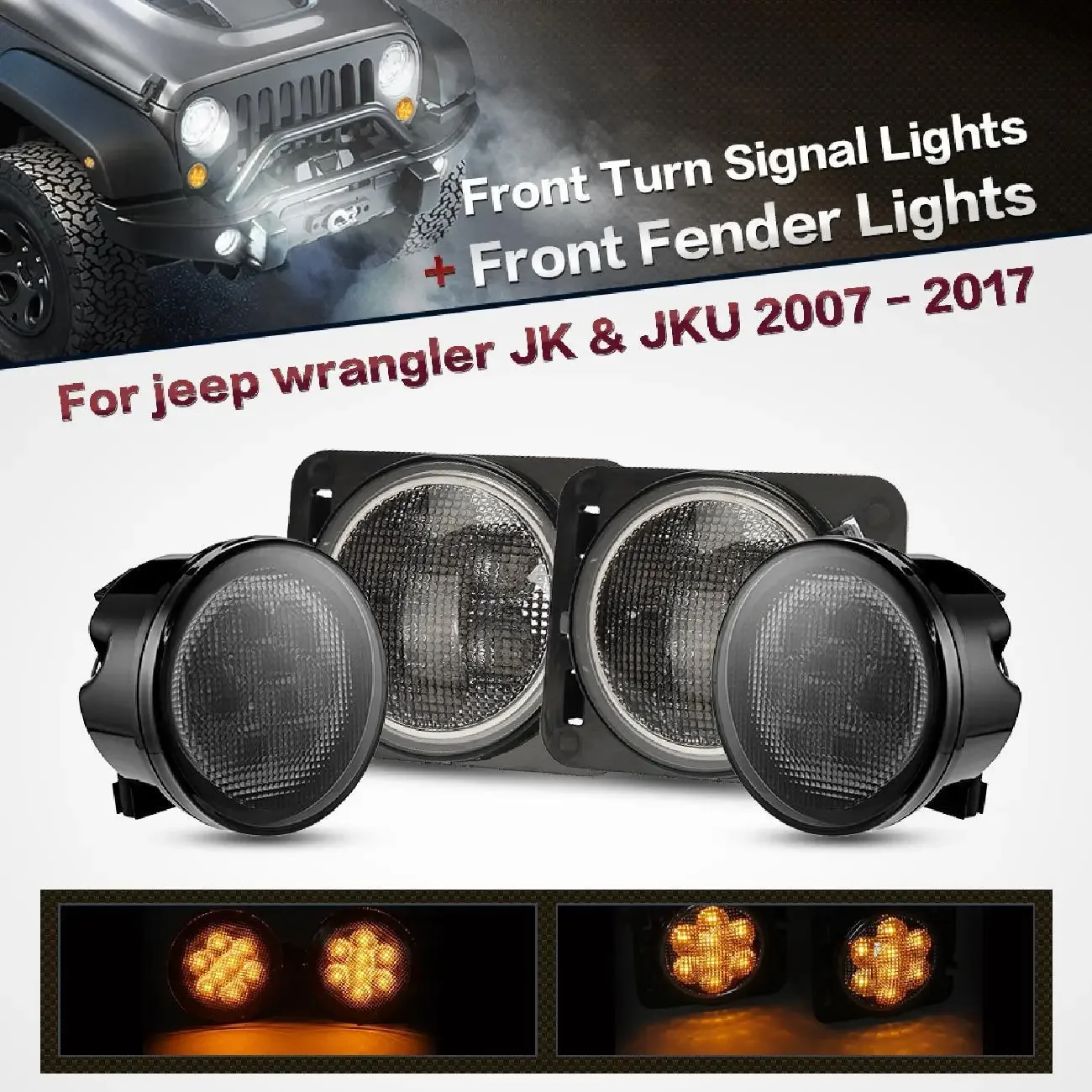 

Front LED Turn Signal Lamp + Fender Flares Side Marker Light Smoke Lens for Jeep Wrangler JK 2007-2017 2000K Amber Light