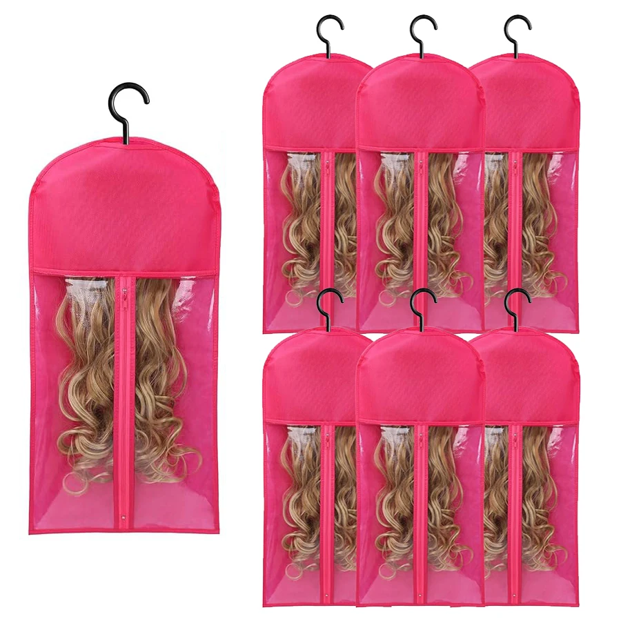 6pcs Long Hair Extensions Storage Bag Non-Woven Dust Proof Wigs Carrier Bags With Plastic Hanger For Home Salon Organizer
